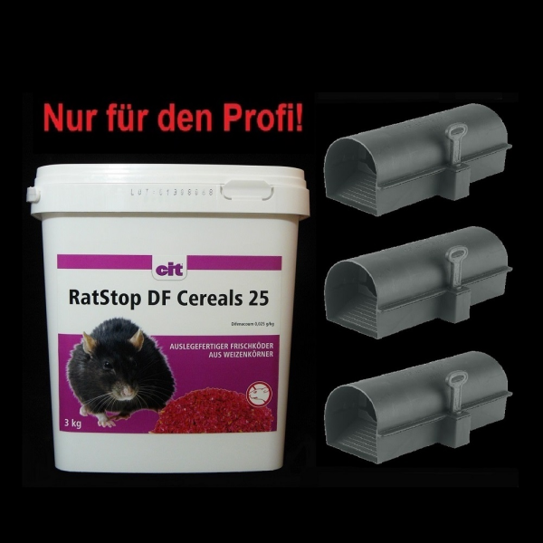 SET RatStop DF CEREALS 25 Difenacoum 3 kg + 3 Köderstationen BlocBox Alpha