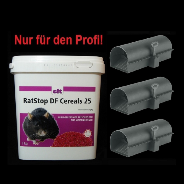 SET RatStop DF CEREALS 25 Difenacoum 3 kg + 3 K&ouml;derstationen BlocBox Alpha