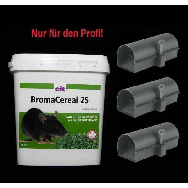 SET BromaCereal 25 Bromadiolon 3 kg + 3 Köderstationen BlocBox Alpha