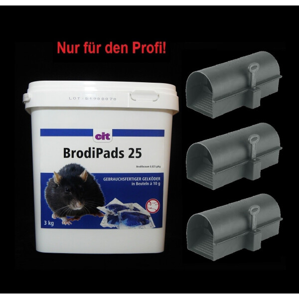 SET BrodiPads 25 Brodifacoum 3 kg + 3 Köderstationen BlocBox Alpha