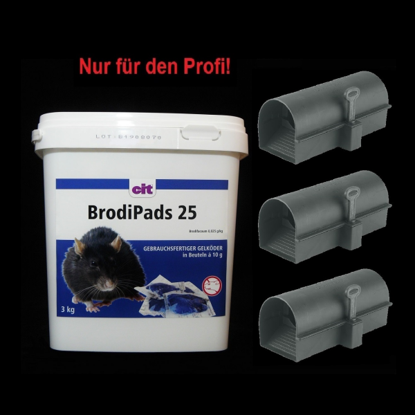 SET BrodiPads 25 Brodifacoum 3 kg + 3 Köderstationen BlocBox Alpha
