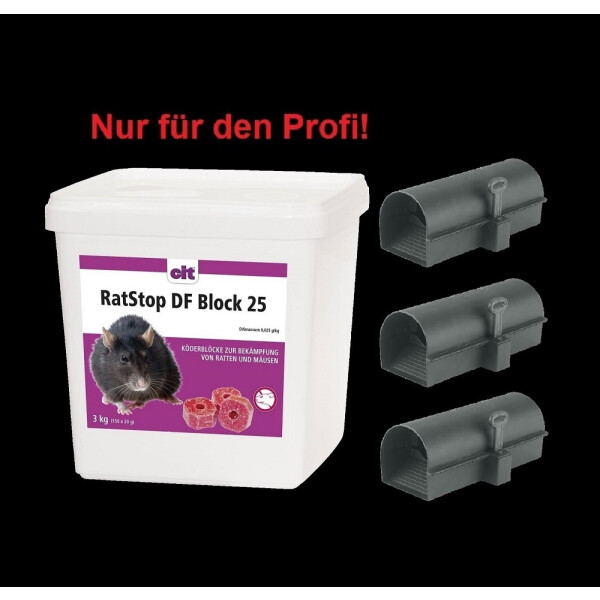 SET RatStop DF BLOCK 25 Difenacoum 3 kg + 3 Köderstationen BlocBox Alpha