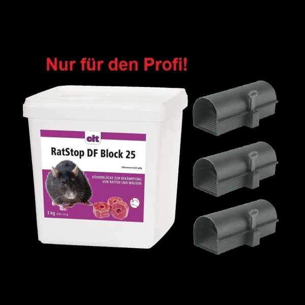 SET RatStop DF BLOCK 25 Difenacoum 3 kg + 3 Köderstationen BlocBox Alpha